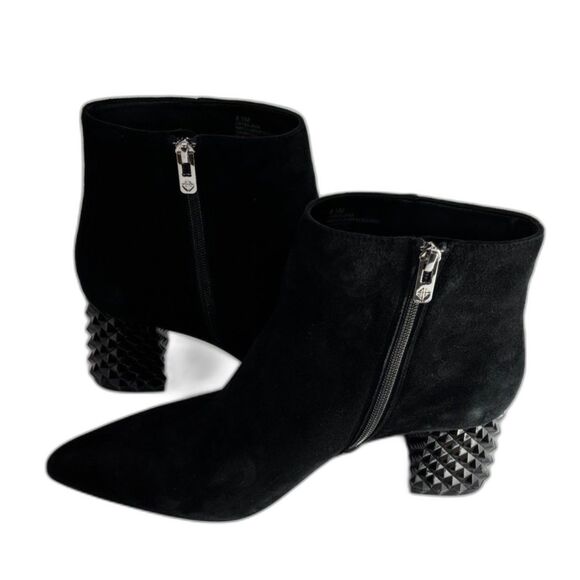 Antonio Melani Stuart Black Suede Zip Embossed Block Heel Booties Boots Womens - Picture 4 of 9